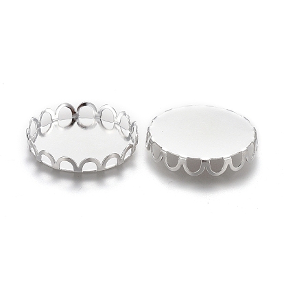 Rhodium Plated Sterling Silver Cabochon Settings, Lace Edge Bezel Cups, Flat Round