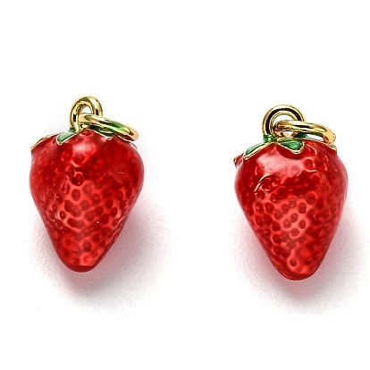 Brass Enamel Charms, Long-Lasting Plated, with Jump Ring, Strawberry Shape, Real 18K Gold Plated