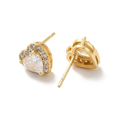Clear Cubic Zirconia Heart Stud Earrings, Long-Lasting Plated Brass Jewelry for Women, Cadmium Free & Lead Free