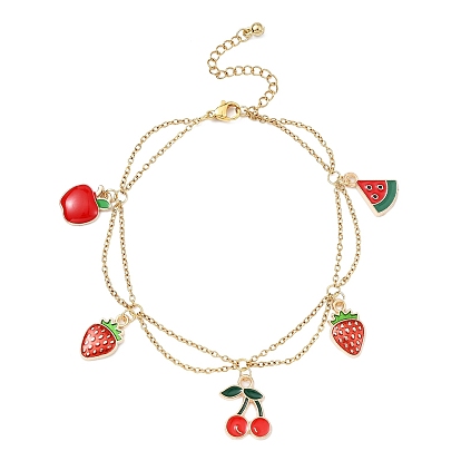 Alloy Enamel Fruit Charm Anklet, with Ion Plating(IP) Light Gold 304 Stainless Steel Cable Chains