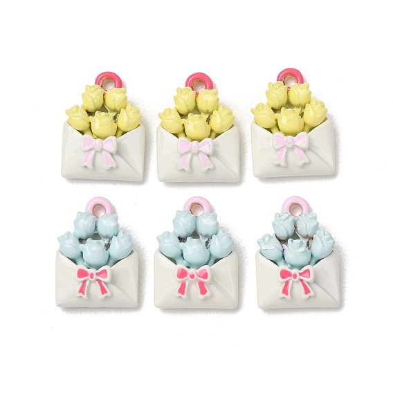 Alloy Enamel Pendants, Flower with Envelope Charms