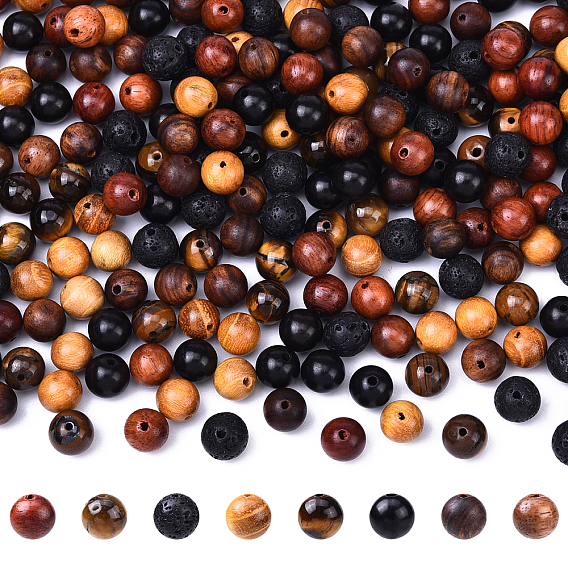 270 шт. 6 стили натуральные вощеные деревянные бусины, круглые, с бусинами из лавового камня и бусиной из тигрового глаза