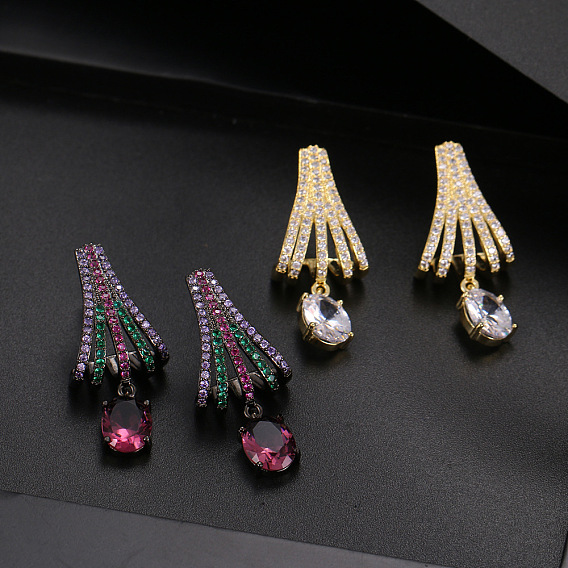 Латунь микро проложить кубический цирконий болтаться серьги стержня, веер с овалом