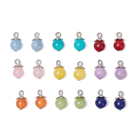 18Pcs 9 Colors Dyed Natural Yellow Jade & Malaysia Jade & Green Jade Round Charms, with Iron Loops, Antique Silver & Platinum