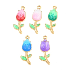 304 Stainless Steel Enamel Pendants, Flower Charms, Ion Plating(IP), Real 18K Gold Plated
