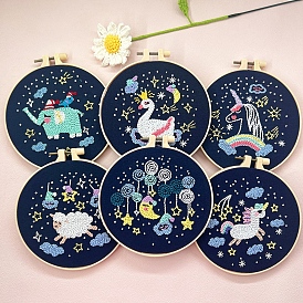 Sheep/Swan/Unicorn/Elephant/Moon/Mountain Pattern Punch Embroidery Starter Kit with Instruction Book, Embroidery Hoop, Cord and Neddle
