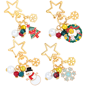 4шт. 4 стили: подвески из эмалированного сплава с жемчужинами из стекла на рождественскую тематику, с поворотными застежками в форме звезды, золотые