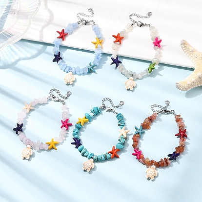 5Наборы браслетов с подвесками в виде черепахи из натуральных и синтетических драгоценных камней, бусин в виде морских звезд и синтетической бирюзы
