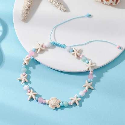 Браслеты на лодыжку из синтетической бирюзы, морской звезды, черепахи и бусин., Регулируемые браслеты из плетеного нейлонового шнура для женщин