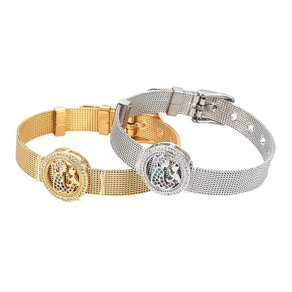 Унисекс 304 нержавеющая сталь ремешок для часов Напульсник браслеты, с латунными подвесками из микропаве из кубического циркония, плоский раунд с матерью и ребенком