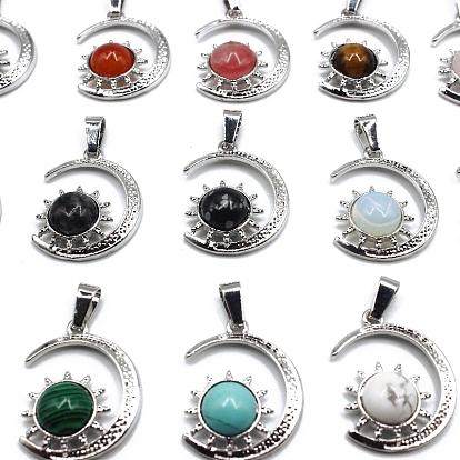Gemstone Pendants, Antique Silver Plated Alloy Moon with Sun Charms