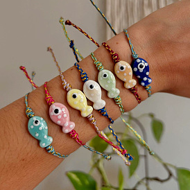 Регулируемые браслеты ручной работы из фарфора с подвесками в виде рыбок, Браслеты из плетеной волоконной нити для женщин