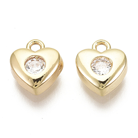 Brass Micro Pave Cubic Zirconia Charms, Heart, Nickel Free, Real 18K Gold Plated