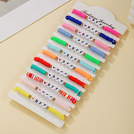 12 Набор эластичных браслетов из сплава, полимерной глины и смолы для друзей, плоский круглый с узором в виде буквы BFF