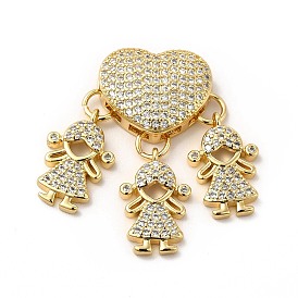 Rack Plating Brass Micro Pave Cubic Zirconia Pendants, Cadmium Free & Lead Free, Real 18K Gold Plated, Heart & Girl Charm