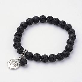 Bracelets de charme en alliage rond plat, avec des perles de pierre de lave naturelle