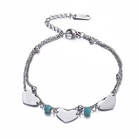 304 acier inoxydable bracelets multi-brins, avec des perles turquoises synthétiques et fermoirs pince de homard, cœur