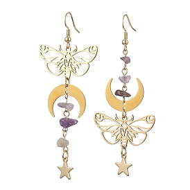 Natural Amethyst Chips Dangle Earrings, Brass Butterfly & Moon & Star Asymmetrical Earrings