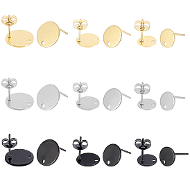 36Pcs 9 Style Ion Plating(IP) 304 Stainless Steel Stud Earring Findings, with Loop and Flat Plate, Ear Nuts/Earring Backs, Flat Round