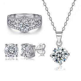 Chic Round CZ Jewelry Set for Women - Sterling Silver Ring, Earrings and Necklace