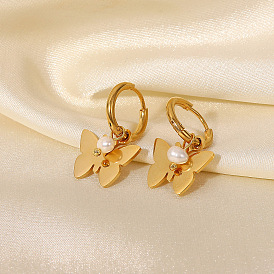 18K Gold Butterfly Pendant with Freshwater Pearl Earrings - Shiny Surface, Titanium Steel
