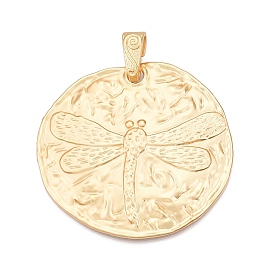 Plating Hammered Alloy Big Pendants, Flat Round with Dragonfly Charms, Lead Free & Nickel Free & Cadmium Free