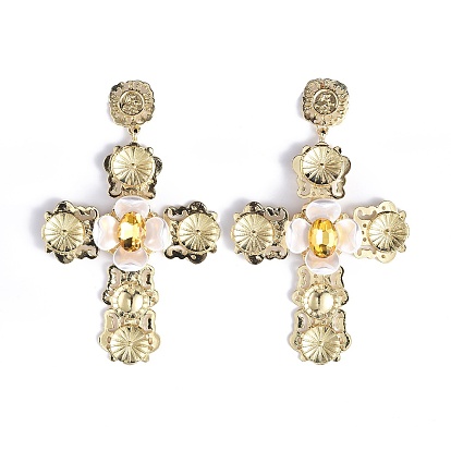 Cross Alloy Dangle Earrings, Glass Rhinestone and Plastic Imitation Pearl Stud Earring for Women