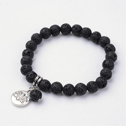 Bracelets de charme en alliage rond plat, avec des perles de pierre de lave naturelle