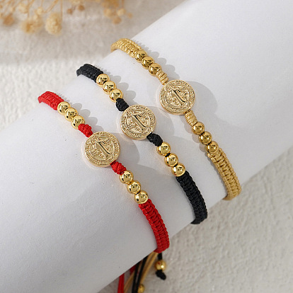 Регулируемые латунные плетеные браслеты из бусин, Браслеты из плетеного волоконного шнура для женщин и мужчин, плоские круглые с святым Бенедиктом, золотые