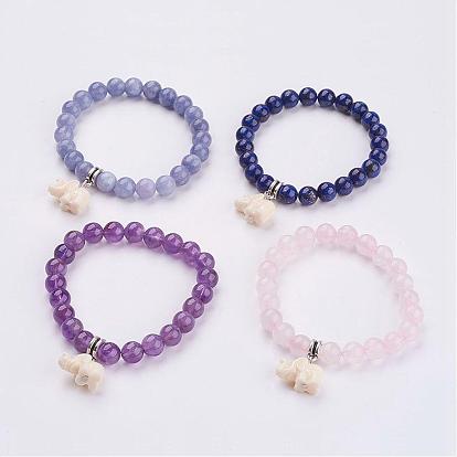 Resin Elephant Charm Bracelets, with Natural Gemstone Beads