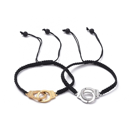 Adjustable Nylon Thread Braided Bead Bracelets, Square Knot Bracelets, with Natural Lava Rock Beads and 304 Stainless Steel Interlocking Clasps, Handcuffs