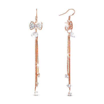 Brass Dangle Earrings, with Grade AAA Cubic Zirconia and Boston Link Chains, Bowknot