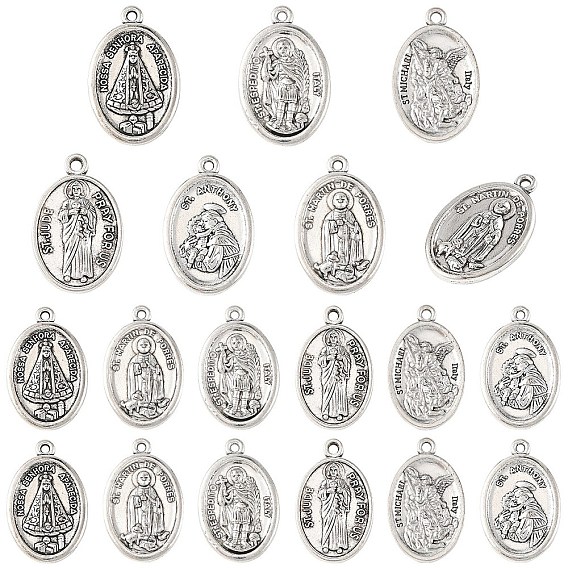 30Pcs 6 Styles Religion Tibetan Style Alloy Pendants, Oval Charms, Lead Free & Cadmium Free