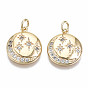 Brass Micro Pave Clear Cubic Zirconia Pendants, Nickel Free, with Jump Rings, Flat Round with Moon & Star