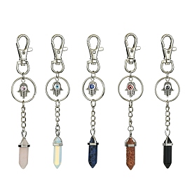 Natural & Synthetic Gemstone Double Terminated Pointed Pendant Decoration, with Alloy Hamsa Hand with Evil Eye and Lobster Claw Clasps Charm