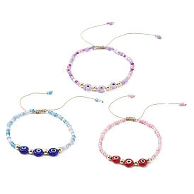 3Pcs 3 Color Evil Eye Lampwork & Glass Seed Braided Bead Bracelets Set, Nylon Adjustable Bracelets