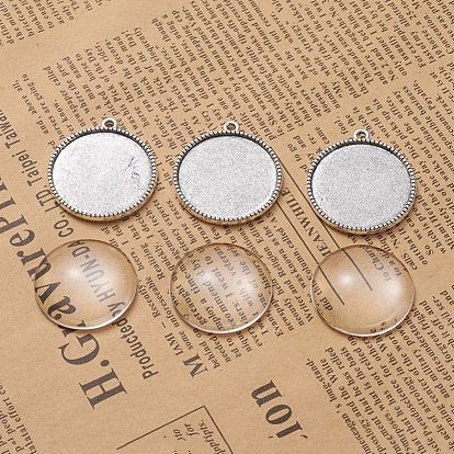 DIY Pendant Making, Tibetan Style Alloy Pendant Cabochon Settings and Transparent Glass Cabochons, Flat Round