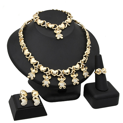 Комплект из цепочки-цепочки со стразами и колье из сплава медведя, браслета, сережек-гвоздиков и колец