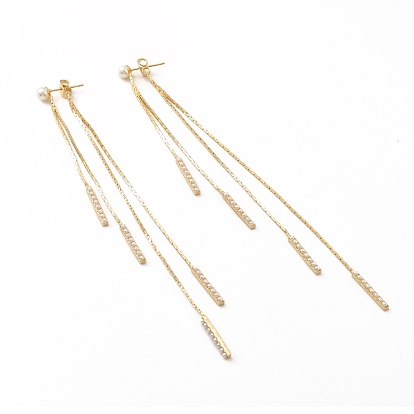 Brass Long Tassel Dangle Stud Earrings with Acrylic Pearl, Front Back Stud Earrings for Women, Lead Free & Cadmium Free & Nickel Free