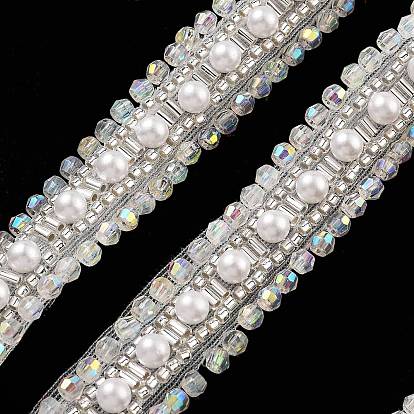 Polyester Lace Trims, with ABS Imitation Pearl Beads and Glass