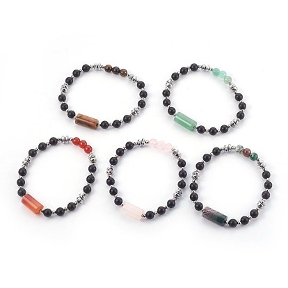 Pulseras elásticas con cuentas de piedras preciosas naturales mezcladas y ágata negra (teñidas), con los granos de hematita sintéticos no magnéticos