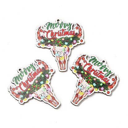 Colgantes grandes de madera con estampado navideño de una cara, dijes de cabeza de ganado con feliz navidad