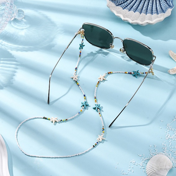Стеклянные бусины из ракушек и жемчуга и морских звезд, синтетическая бирюза, цепочки для очков, с резиновыми петлями на концах и 304 карабинами из нержавеющей стали