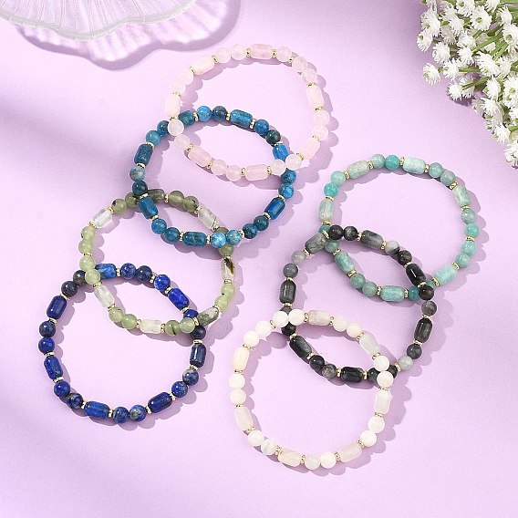 Эластичные браслеты из натуральных драгоценных камней и латунных бусин для женщин и мужчин, баррель, ствол и раунд