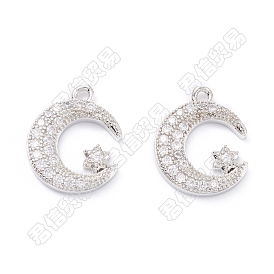 10Pcs Rack Plating Brass Micro Pave Clear Cubic Zirconia Charms, Long-Lasting Plated, Platinum, Moon & Star