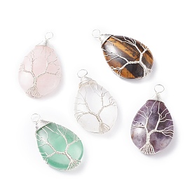 Natural Gemstone Pendants, with Silver Tone Copper Wire Wrapped Tree, Teardrop
