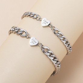 Adjustable Stainless Steel Heart Perforated Corrosion Text Couple Bracelet Set