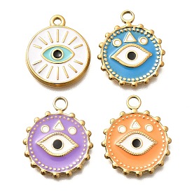 Ионное покрытие (ip) 304 подвески из нержавеющей стали, с эмалью, плоский круглый с шармом в виде глаз, золотые