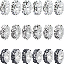 18Pcs 3 Colors European Brass Rhinestone Beads, Large Hole Beads, Rondelle, Platinum