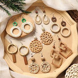 Богемные серьги-подвески из дерева и ротанга, сплетенные из разных пород дерева., с кокосом, платина